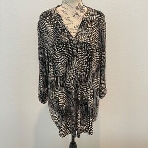 Vera Rose Woman 1X Black White‎ Brown Abstract Print Button Up Tunic Shirt Dress